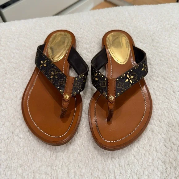 Louis Vuitton Brown and Black Sandals Flip Flops with Gold Accents 35 - Picture 2 of 8
